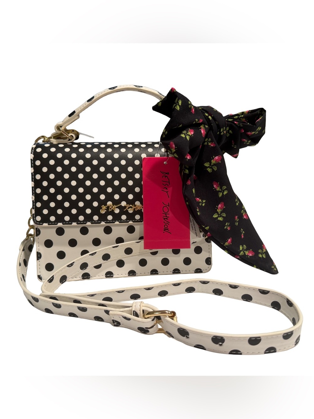 Betsey Johnson NWT Black & White Polka Dot Crossbody with Floral Bow (P244) - Picture 4 of 12